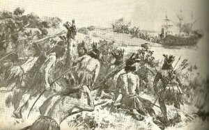Einheimische, die ihn kurz darauf töten würden, beobachten den Landgang des Juan Díaz de Solís am Río de la Plata 